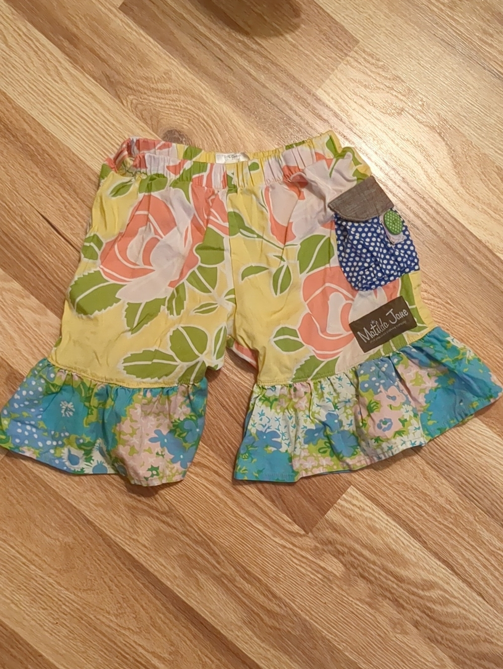 Matilda Jane Yellow Floral Ruffle Shorts with Blue Trim 12 Mo